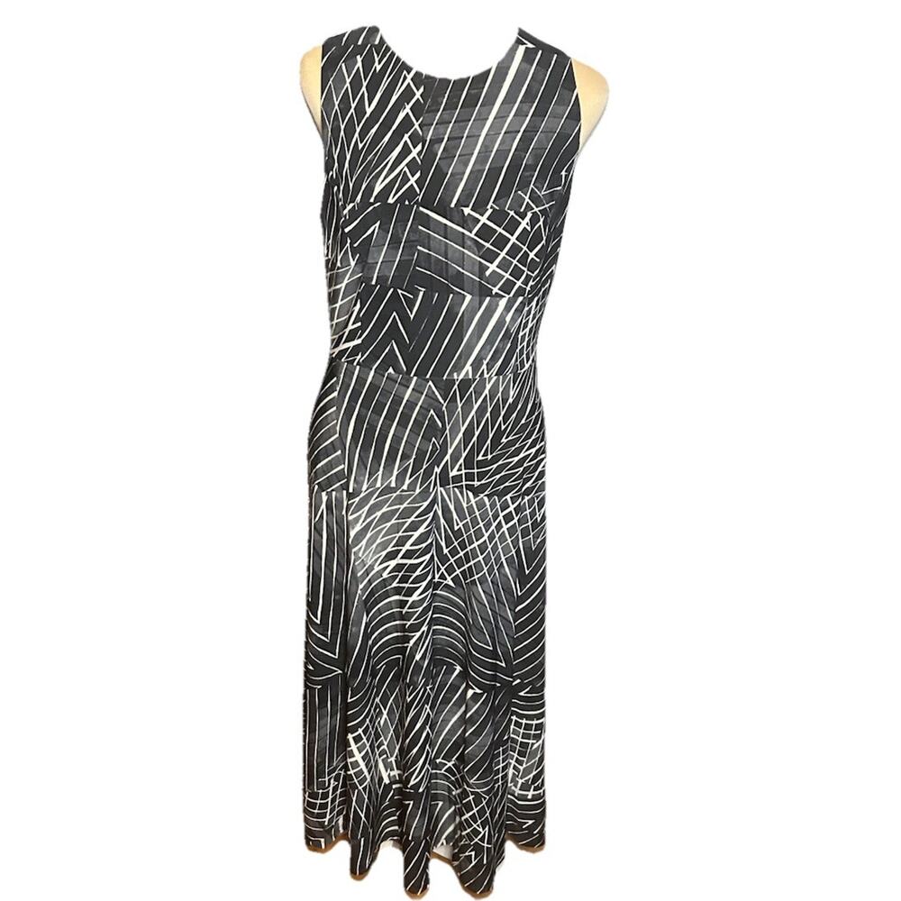 Ralph Lauren Shift Dress Sleeveless Black White Geometric Jersey Midi Stretch 6
